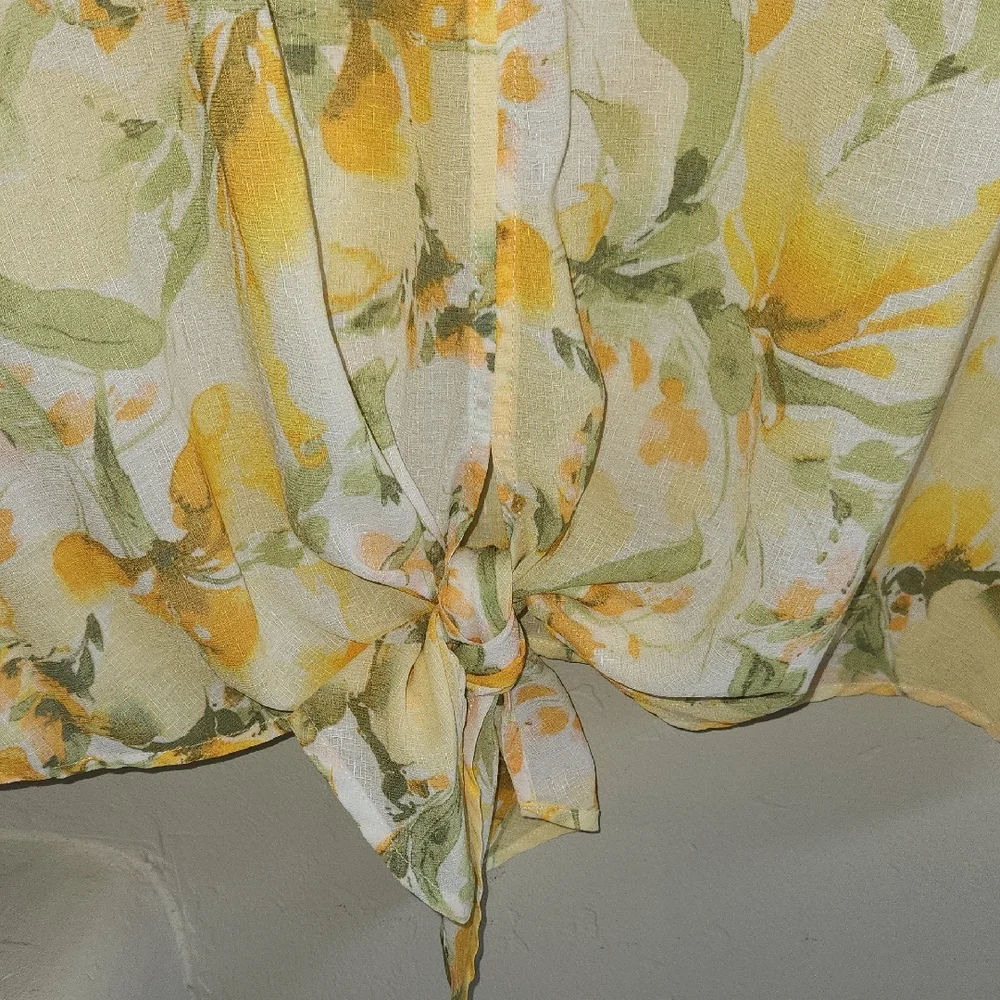 C By One, Floral Yellow and Green, Tie Front 3/4 Sleeve Blouse. SKU C05 - Picture 5 of 9